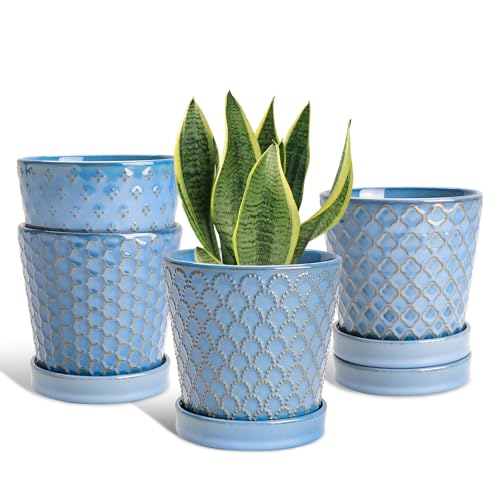 EFISPSS Plant Pots,5 Inch Pots for Indoor Plants,Planters with Drainage Hole and Saucer, Ceramic Flower Pots Desktop Office Windowsill Decoration Gift Set of 4 - Sky Blue - color: Sky Blue