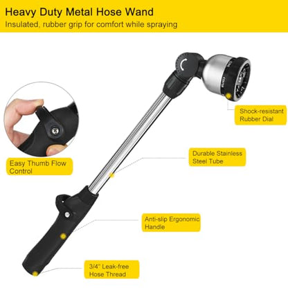 FANHAO Garden Hose Wand Heavy Duty, 16 Inches Metal Watering Wand with 8 Spray Patterns, 180° Rotating Long Hose Nozzle Sprayer Wand with Thumb Flow Control for Watering Hanging Baskets and Shrubs - color: Black