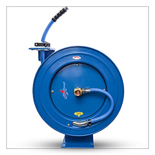 BLUSEAL BSWR1250HRS Retractable Hose Reel with 1/2" x 50' Hot Water Rubber Hose, 6' Lead-in, Hose Reel Swivel Mount, 9 Pattern Spray Nozzle