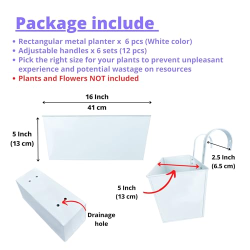 LaLaGreen Outdoor Rail Planter Box (16 in, 6 Pack) White Metal Flower Pots - size: 16"(41cm) x 6 pack
