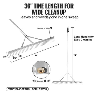 VEVOR Landscape Rake, 36" Head Aluminum Lake Weed Rake with 75" Long Handle for Loosening Soil, Lawn Care, Weeding Lake, Garden, Silver - size: 75 inch