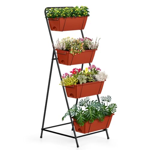 4 Tier Vertical Raised Garden Bed Planters for Outdoor Plants Herb Garden Planter with Drainage Holes Standing Garden Planters for Herbs Flowers Vegetables Plants (Brick Red) - color: Brick Red