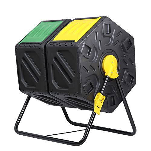 F2C Dual Chamber 37 Gallon Compost Tumbler All-Season Outdoor BPA Free Large Composter Bin w/ 2 Sliding Doors and Solid Steel Frame - size: 37 Gallon