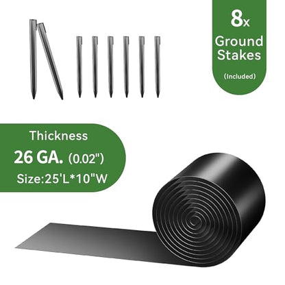 Worth Galvanized Steel Landscape Edging 10" x25' Metal Garden Edging Roll Flexible Bender Border with 8Pcs Stakes for Lawn, Flower Bed Edges, Black - color: Black, style: 10"x25'