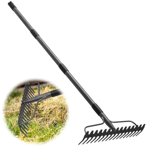 Rake, 17 Tines with 49 Inch Handle, 17 Inch Wide Heavy Duty Garden Thatch Leaf Rake for Raking Leaf Loosening Soil Gathering Mulch Leveling Rocks, Rustproof Metal Bow Rakes for Leaves Grass - style: 49"