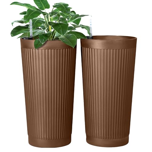 FENCY Self Watering Tall Planters Set of 2, Brown Round - color: Brown-round Ribbed