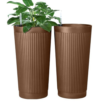 FENCY Self Watering Tall Planters Set of 2, Brown Round - color: Brown-round Ribbed