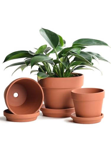 INGOFIN Terracotta Pots Set with Saucer - 5/6/7 inch Ceramic Clay Planters with Drainage Hole, Garden Flower Succulent Pots with Tray for Indoor Outdoor Plants, Set of 3 - size: 5/6/7 inch -3 pcs