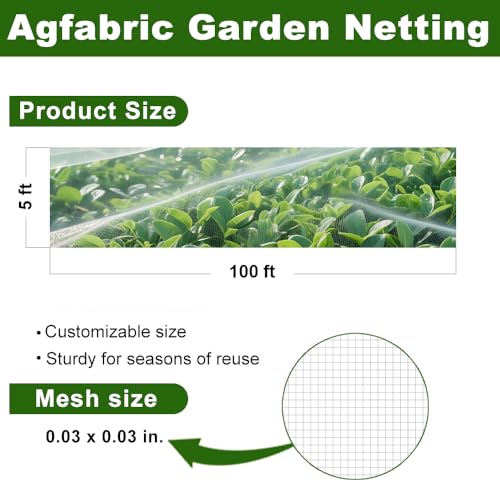 Agfabric Garden Netting 5'x100' Insect Pest Barrier Bird Netting for Garden Protection,Row Cover Mesh Netting for Vegetables Fruit Trees and Plants,White - size: 5'x100'
