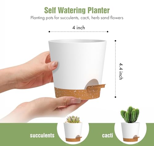 WSMKSZ 4 inch Self Watering Pots for Indoor Outdoor Plants, 6 Pack Plastic Flower Planters with Drainage Holes and Removable Saucers, Plant Pots with Wicking Rope, Modern Decor, White Brown - color: White Brown, size: 4inch 6pcs