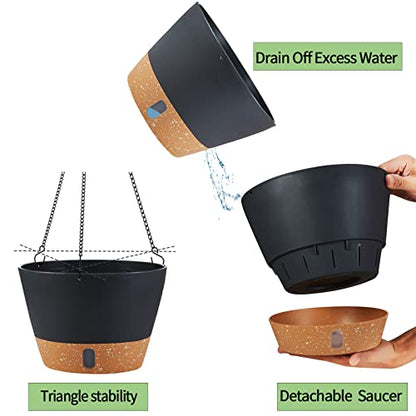 2 Pack Hanging Planters for Indoor Outdoor Plants, 10 Inch Hanging Flower Pot Basket with Drainage Hole with Removable Tray&Hooks Self Watering Plant Pot for Hanging Plants, Dark Grey