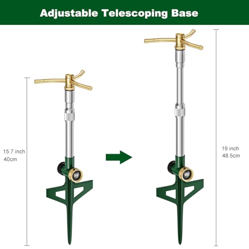 FANHAO 2 Pack Metal Lawn Sprinklers with Adjustable Telescoping Base, 3-Arm Water Sprinkler 360 Degree Rotation High-Rise Sprinkler for Large Area Coverage, Garden Watering Irrigation Sprinkler System
