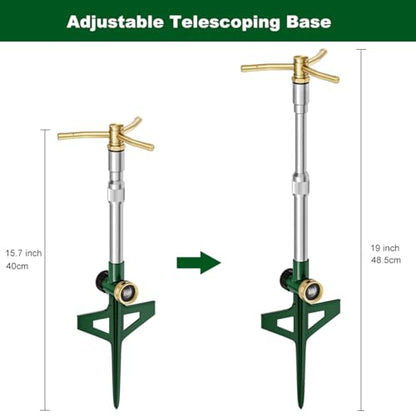 FANHAO 2 Pack Metal Lawn Sprinklers with Adjustable Telescoping Base, 3-Arm Water Sprinkler 360 Degree Rotation High-Rise Sprinkler for Large Area Coverage, Garden Watering Irrigation Sprinkler System