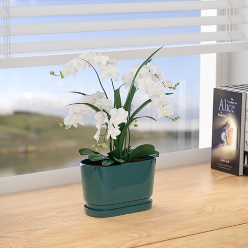 8.9" Rectangular Ceramic Planter with Drainage and Saucer, Green - color: Green, size: Medium