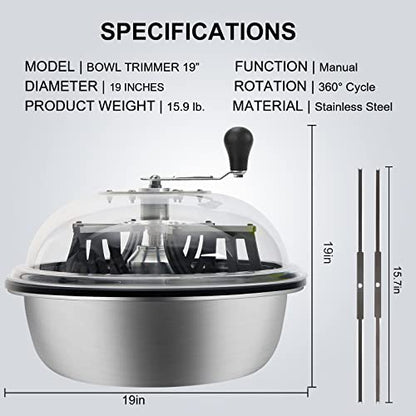 19 inch Bud Leaf Bowl Trimmer, Bud Bowl Trimmer with Switchable Stainless Steel Blades & Clear Visibility Dome, Hand Twist Spin Cutting Bud Trimmer for Buds, Flowers, Hydroponics Plants - size: 19"