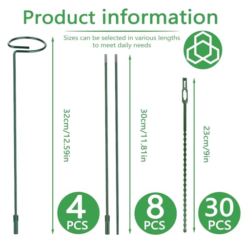 Huakaile 4 Packs Adjustable 35.4" Plant Stakes and Supports with 30 Pieces 9" Twist Ties, Green Plant Holder Stick Outdoor Indoor, Metal Flower Support Stakes Rings for Gardens Vegetables (90 cm) - size: 90 cm