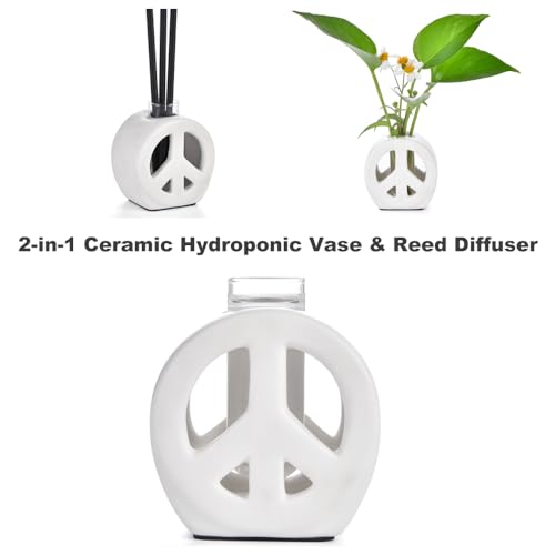 Propagation Vase, 2-in-1 Small Flower Vase and Aromatherapy Diffuser, Handcrafted Ceramic with Clear Glass Root Observation Tubes, Modern Desktop Centerpiece for Plant Lovers - color: White Peace Sign