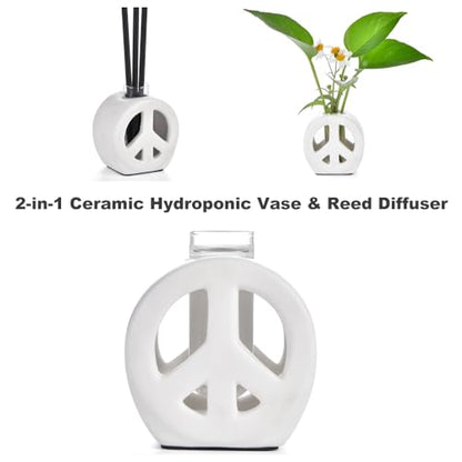 Propagation Vase, 2-in-1 Small Flower Vase and Aromatherapy Diffuser, Handcrafted Ceramic with Clear Glass Root Observation Tubes, Modern Desktop Centerpiece for Plant Lovers - color: White Peace Sign