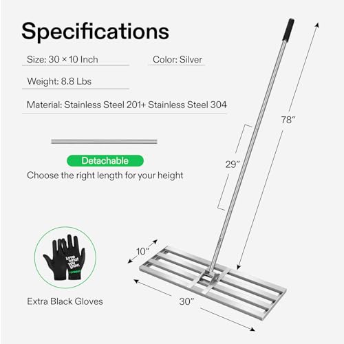 VIVOSUN 30" Lawn Leveling Rake, 30" x 10" x 78" Heavy-Duty Stainless Steel Lawn Leveler with 7FT Adjuatble Long Handle for High Effect, Metal Levelawn for Smooth Soil, Rustproof Rakes for Garden Yard - style: 30" x 10" Leveling Rake