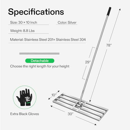 VIVOSUN 30" Lawn Leveling Rake, 30" x 10" x 78" Heavy-Duty Stainless Steel Lawn Leveler with 7FT Adjuatble Long Handle for High Effect, Metal Levelawn for Smooth Soil, Rustproof Rakes for Garden Yard - style: 30" x 10" Leveling Rake