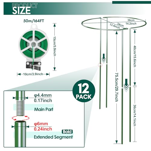 12 Pack 30 inch Plant Support Stakes, Heavy-Duty Half Round Peony Support, Garden Plant Stakes Cage for Outdoor Plants, Peony, Tomato, Hydrangea, (15ln Support +15ln Stainless Extension Tubes) - size: 30INCH-12PACK