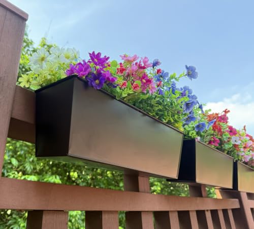 Metal Railing Planter, 16 Inch Rectangular Window Box with Adjustable Brackets, Drainage Holes, for Balcony Deck, 4 Pack (Black, Rectangular) - color: Black