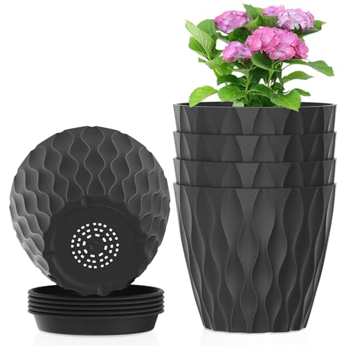 Meowell 4 inch Small Plastic Nursery Pots, Seedling Pots, 5 Set Water Ripples Plant Pots for Indoor Plants, Flower Pots with Drainage Holes and Saucers, Seed Starter Pots for Succulent Plants, Black - color: Black, size: 4 inch 5 pieces