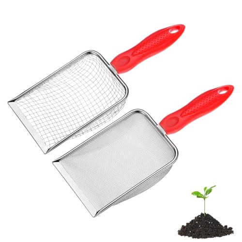 M METERXITY 2-Pack Gardening Soil Sifter, 5/1 mm Mesh Stainless Steel Portable Gardening Sifter with Non-Slip Handle for Sand/Dirt/Rock/Compost [White, Red] - color: White, Red, size: 5,1mm