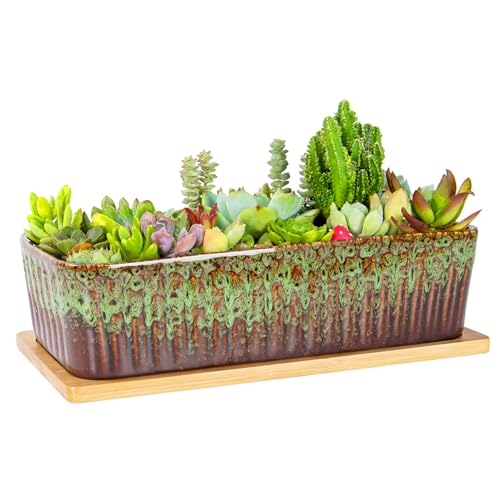 Succulent Pots, 12'' Long Rectangle Planters with Tray, Windowsill Planter - color: Green