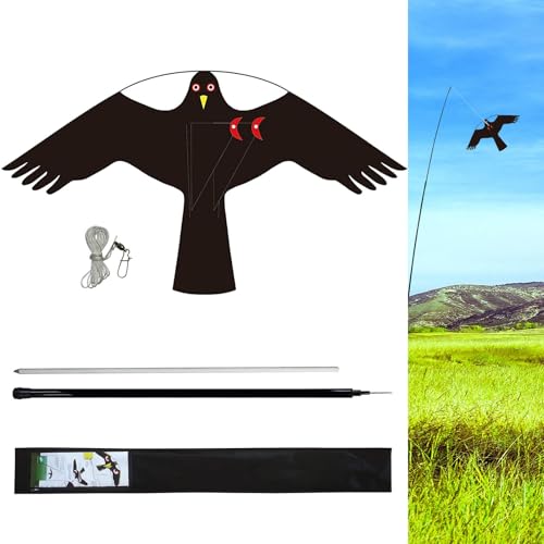 eyijklzo Bird Scarer Hawk Flying Kite with 13ft Telescopic Pole-Black - style: Black-with 4m pole