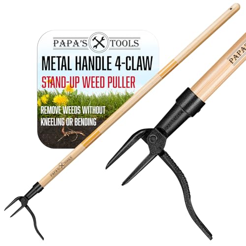 MELISSA AND HARRY Papa's Tools Weeder - Stand Up Weed Puller Tool Made with Long Wooden Handle - Real Bamboo & 4-Claw Steel Head (Natural / 3PC) - color: Natural / 3PC