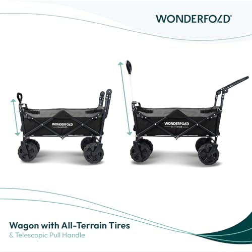 WONDERFOLD S2 Push & Pull Folding Utility Cart with Wide Beach Tires, Adjustable Push Handle, Telescopic Pull Handle with Spring Bounce Technology & Storage Pouch, Black/Gray - color: Black/Gray.