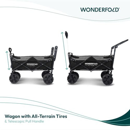 WONDERFOLD S2 Push & Pull Folding Utility Cart with Wide Beach Tires, Adjustable Push Handle, Telescopic Pull Handle with Spring Bounce Technology & Storage Pouch, Black/Gray - color: Black/Gray.