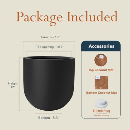 KUTE NEST 12" Premium Arco Fiberstone Patio Planter - Black - color: Black, size: 12"H x 12"D
