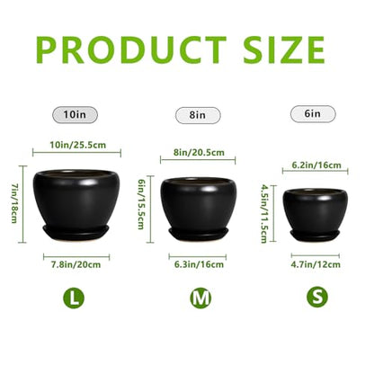 Ceramic Planters Pots - 10 Inch 8 Inch 6 Inch Plant Pots Indoor with Drainage Holes and Saucers Large Planters Mid-Century Flower Pots Outdoor Set of 3 Black - color: Black