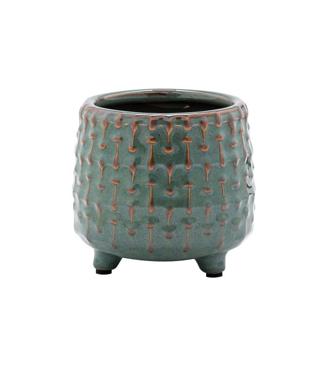Napco Imports Decorative Home or Garden 3.5 Inch Indoor or Outdoor Footed Flower Pot Planter Green and Brown Embossed Lines