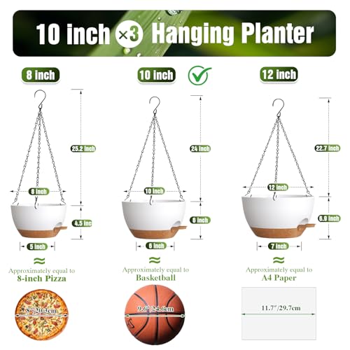 10 Inch Self-Watering Hanging Planters Set of 3 with Saucers - color: White Brown, size: 10 Inch 3 Pack