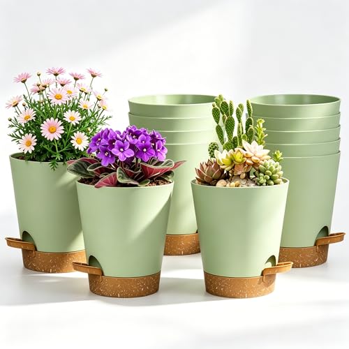 12 Pack 4 Inch African Violet Pots Self Watering, Self-Watering Planters with Drainage Holes & Reservoir, Green Brown Plastic Pots for Indoor Outdoor Plants, Succulents & Flowers - color: Green Brown, size: 4 inch 12pcs