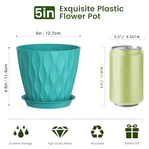 Meowell 5 inch Plant Pots for Indoor Outdoor Plants, 6 Pack Flower Pots with Drainage Holes and Saucers, 3D Modern Wave Texture Small Plastic Planter Pots for Nursery and House Plants, Blue Green - color: Blue Green, size: 5 inch 6 pieces