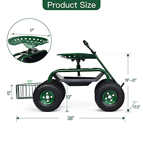 Rolling Garden Cart with Seat, Heavy Duty Gardening Scooter w/Wheels, Storage & Extendable Steering Handle, Garden Work Seat for Planting, Green