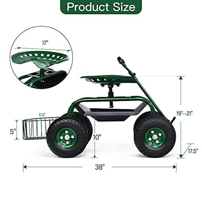 Rolling Garden Cart with Seat, Heavy Duty Gardening Scooter w/Wheels, Storage & Extendable Steering Handle, Garden Work Seat for Planting, Green