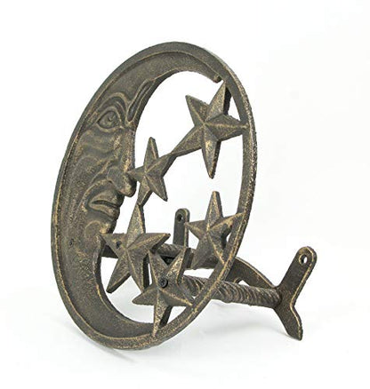 Zeckos Garden Hose Holder Moon Face Stars 12 Inch Cast Iron Bronze - color: Moon & Stars - Bronze