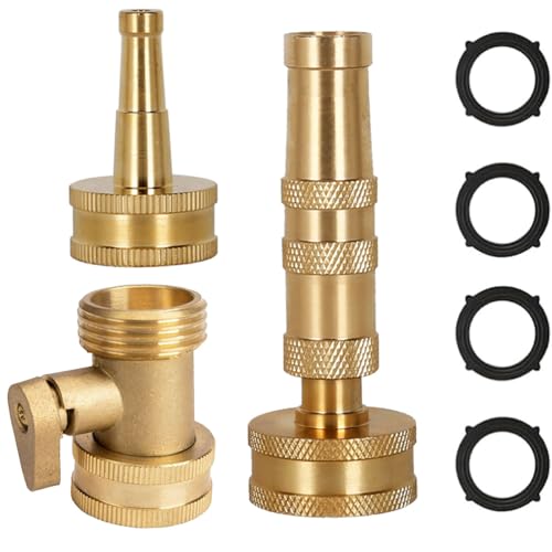 Heavy-Duty Brass Garden Hose Nozzle High Pressure 3 Pack Set with Adjustable Spray & Valve Control for Gardens, Lawns, Car Cleaning, and Patios Includes 3 Extra Anti-Leak Gaskets - color: aurichalceous
