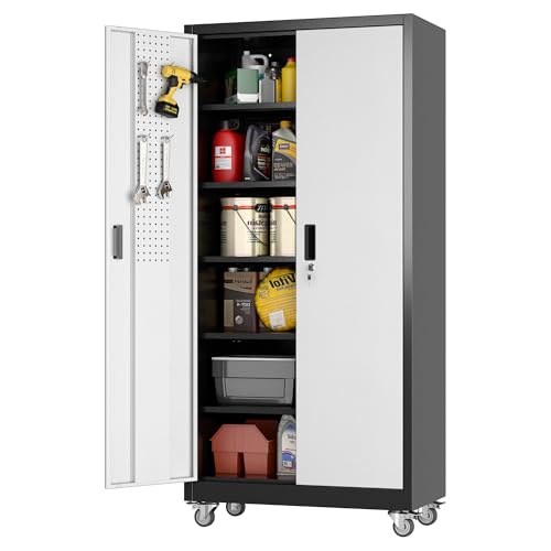 Aobabo Upgrade 71H''*32''W*16''D Metal Garage Storage Cabinet with Wheels and Pegboards, 5 Adjustable Shelves Steel Storage Cabinets for Home,Warehouse,Garage,Assembly Required,Black and Sliver - color: Black Silver, size: 16"D x 32"W x 71"H-0 Drawers