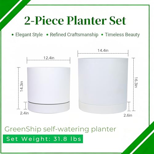 GreenShip Planter Set of 2 (13.8" & 11.8") – Cylinder Planters with Drainage Hole and Planter Saucer, Jun Porcelain Clay & Recycled Resin, Decorate Home,Office & Outdoor,White pots - color: White, size: 13.7in+11.8in