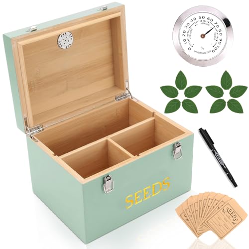 Professional-Designed Bamboo Seed Storage Box with Built-in Hygrometer, Double-Layer Airtight Lid and Safety Lock, Temperature-Stable Wooden Seed Organizer for Preservation, Great Gifts for Gardener - color: Green