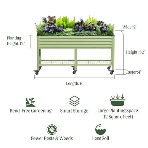 Vego garden Rolling Elevated Raised Garden Bed, 2' x 6' Outdoor Planters Boxes with Legs & Storage Rack for Patio, 1000 Lbs Weight Capacity, Raised Beds for Gardening, Olive Green - color: Olive Green, size: 2' x 6'