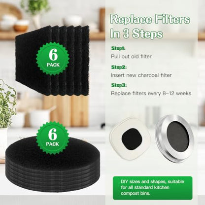 Compost Bin Filters - 12 Pack Refill Set, Square Shape Filters Side Length 4.75 Inches, Round Shape Filters Diameter 6.75 Inches