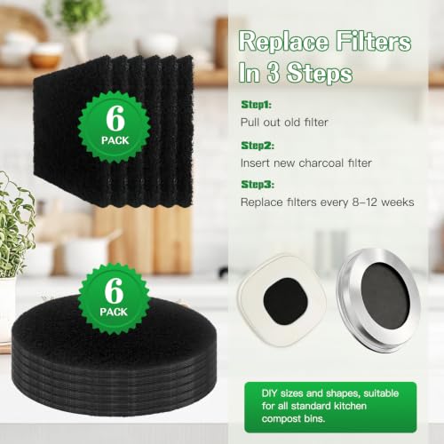 2026 New 12 Pack Replacement Filters, Round 6.75" & Square 4.75" Charcoal for Kitchen Compost Bin