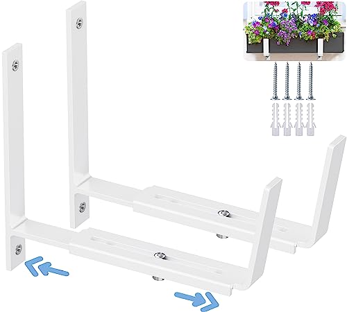 HFHOME 2 PCS Adjustable Planter Box Brackets (6 to 12.5 in), Universal Window Box Brackets, Heavy Duty Metal Flower Box Wall Mounting Hooks for Balcony, Fences, Patio, and Garden - White - size: Set of 2 - White